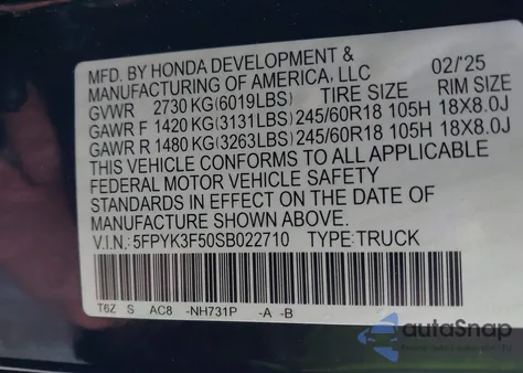 2025 Honda Ridgeline Rtl z USA, uszkodzony, nr VIN 5FPYK3F50SB022710